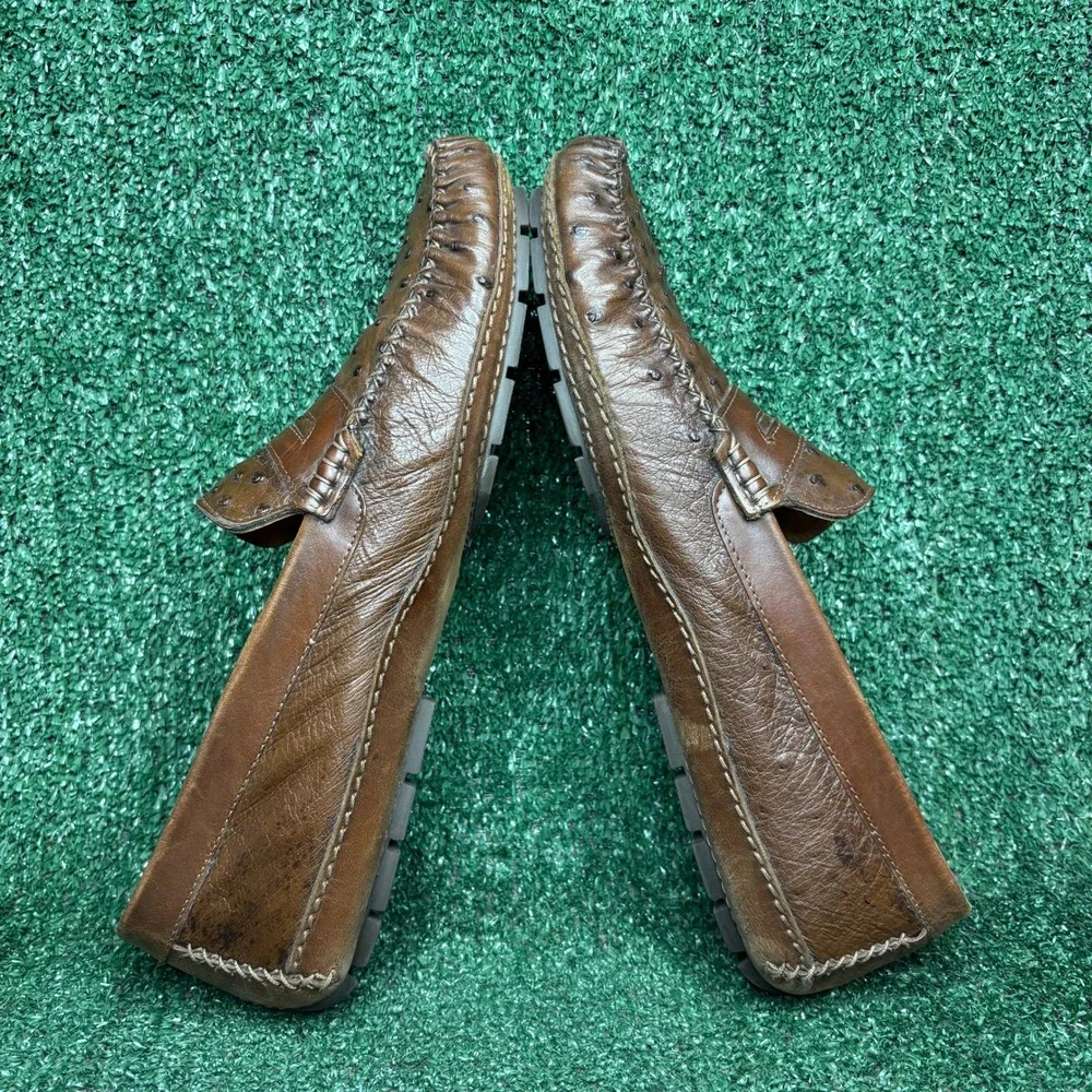 Zelli Genuine Ostrich Leather Penny Loafer Driver Classic Luxury Brown Mens 12 M